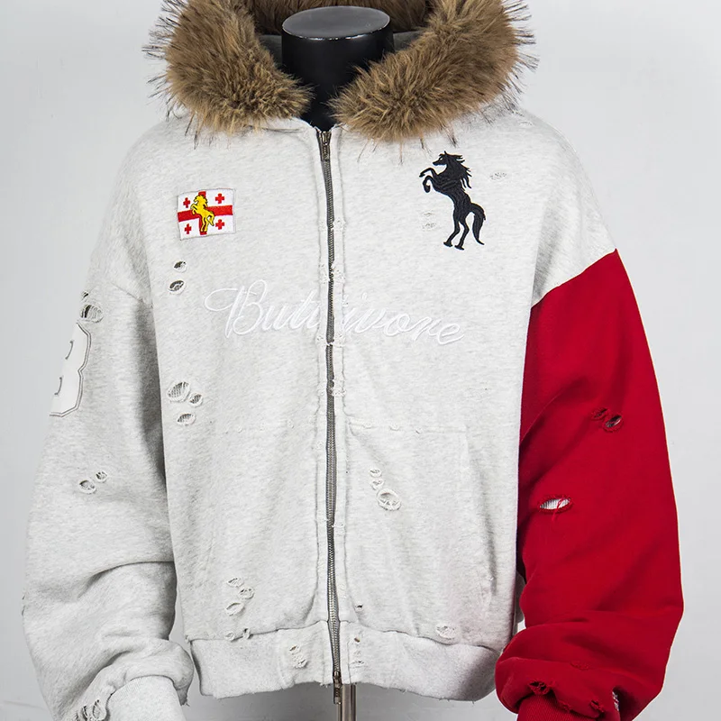 

Protocol Index Hooded Jacket Colorful Patchwork Washed Damaged Fur Collar Hoodies Sweatshirt Coat Real Photo