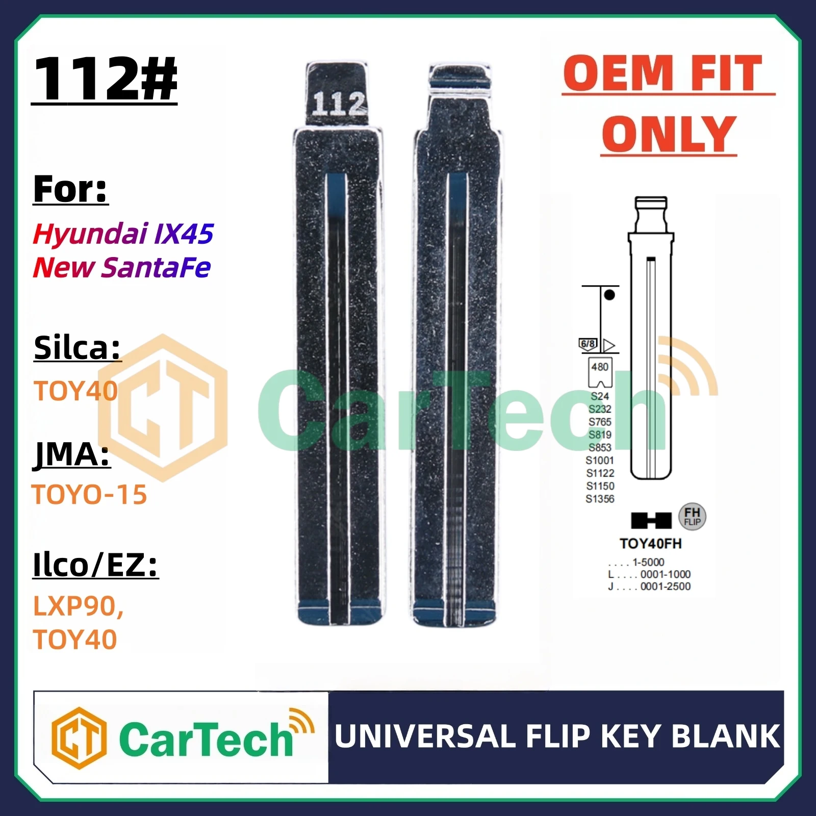 Cartech 112# OEM Style Uncut Blank Key Blade Replacement for Hyundai IX45 New SantaFe Original Remote Key TOY40 TOYO-15