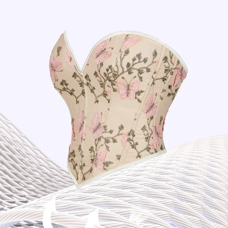 3D Butterfly Embroidery Strapless Corset Sweetheart Neck Pointed Hem Vintage Floral Waist Cincher Bustier