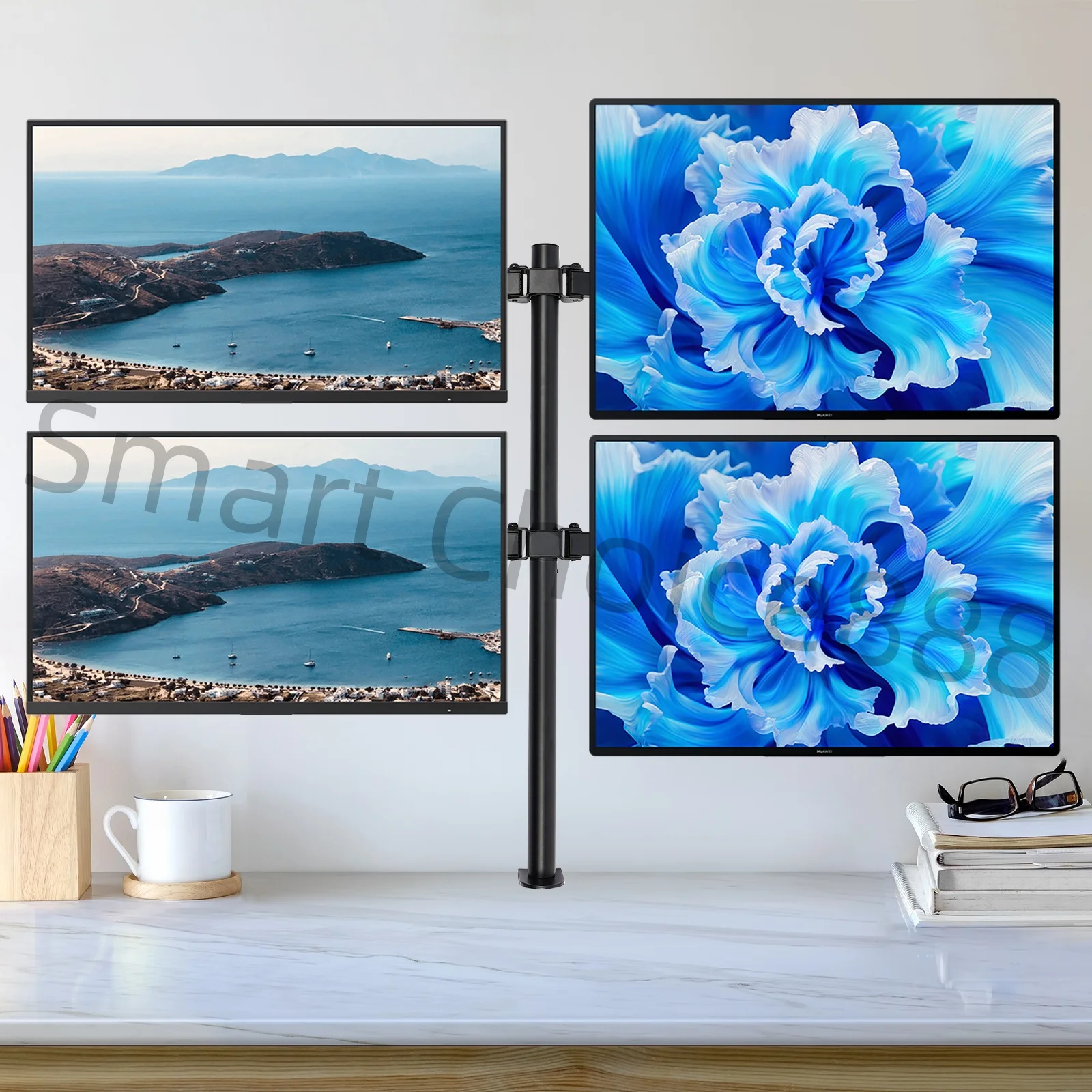 حامل مكتبي رباعي الشاشات قائم بذاته 4 حامل شاشة قابل للتعديل بالكامل حامل مكتبي يناسب شاشات حتى 27 بوصة لكل سعة 19.8 رطلًا