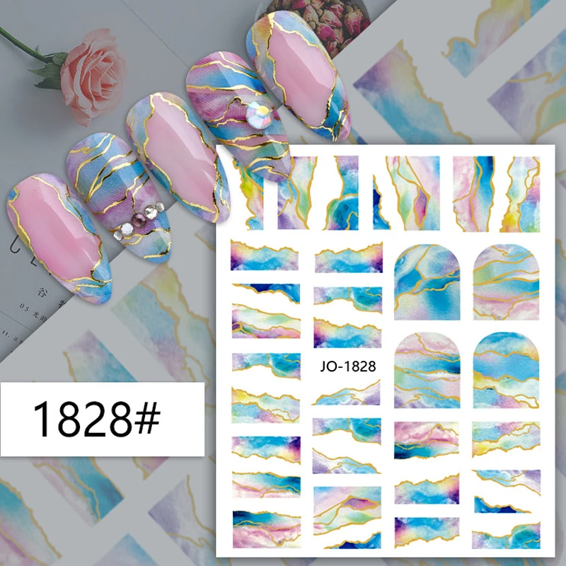 3D Marble Blue Golden Nail Sticker Wave Line Geometry Abstract Ink Blooming Nail Art Sliders Decals Manicure Decorations