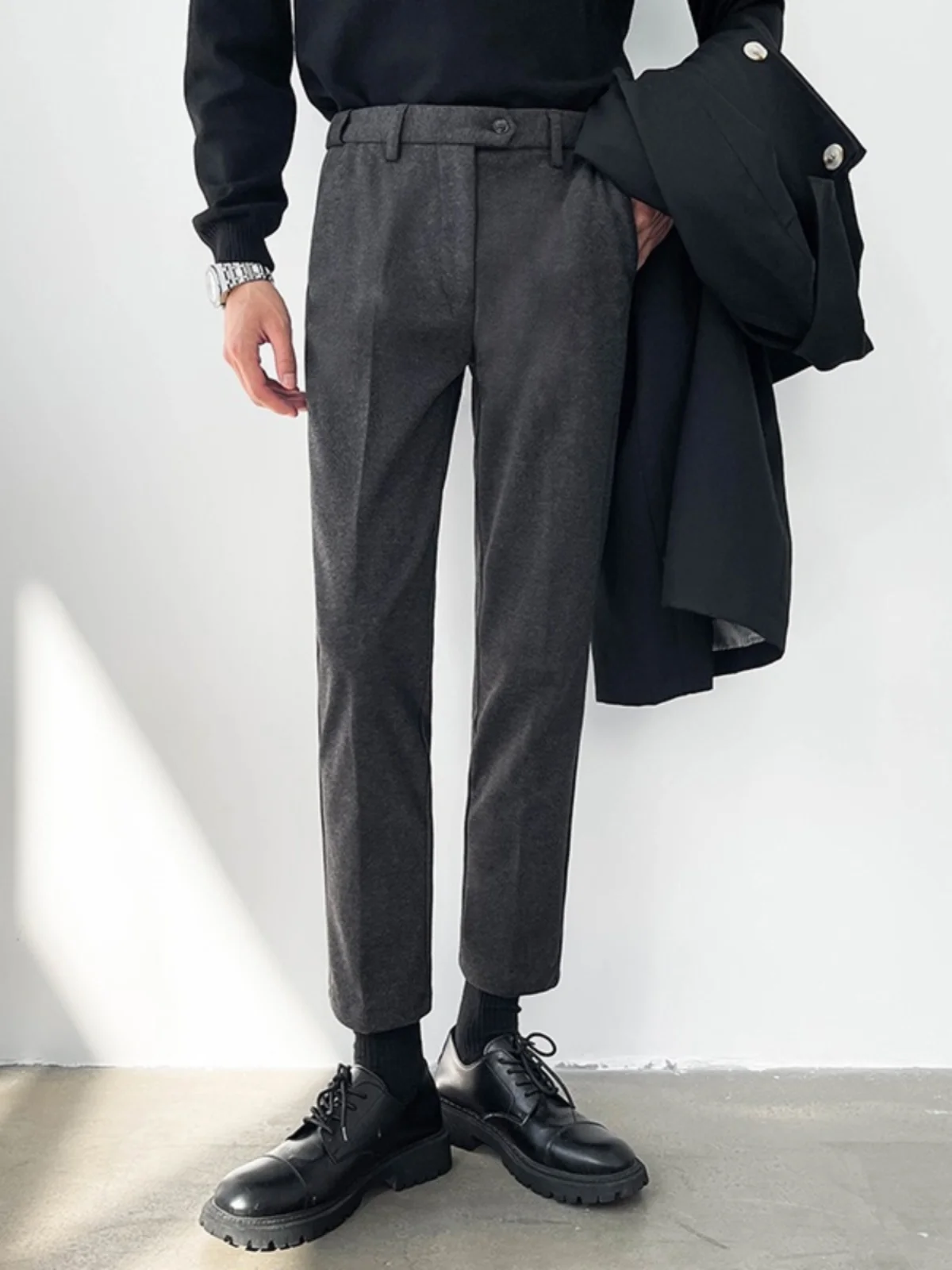 

Thiened Autumn Winter Men's Casual Woolen Pants Straight Leg Long Trousers Slim Fit Suit Pants Drapey Sle Youth Faion