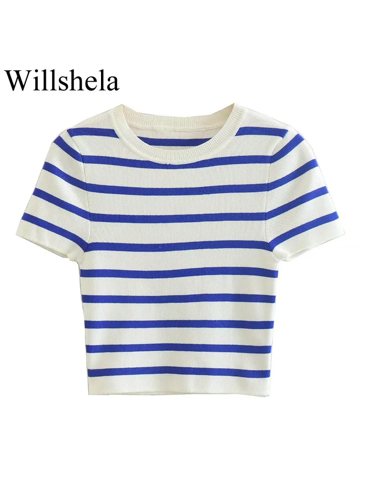 Willshela Women Fashion Striped Knitted Cropped T-Shirt Vintage O-Neck Short Sleeves Female Chic Lady Sweater Shirts