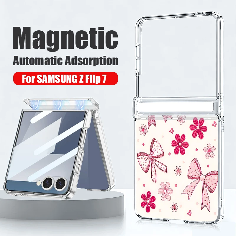 Cute Cartoon Bowknots Case For Samsung Z Flip 7 FE 6 5 Magnetic Hinge Clear PC Folding Phone Cover For Samsung Z Flip7 Flip6