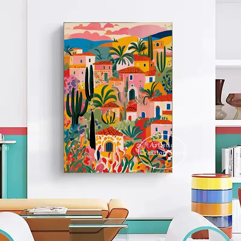 Abstract Morocco Colorful House Architecture Plants Cityscape Illustration Poster Canvas Painting Wall Art Picture Home Decor view 4