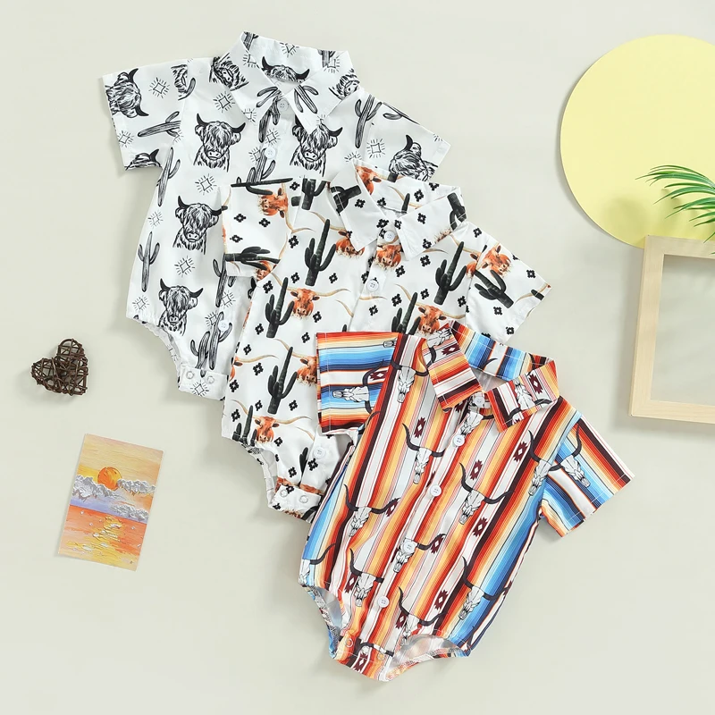 

Vintage Summer Newborn Baby Boys Shirts Bodysuits 5 Colors Cattle Cactus Print Button Short Sleeve Jumpsuits Playsuits Clothes