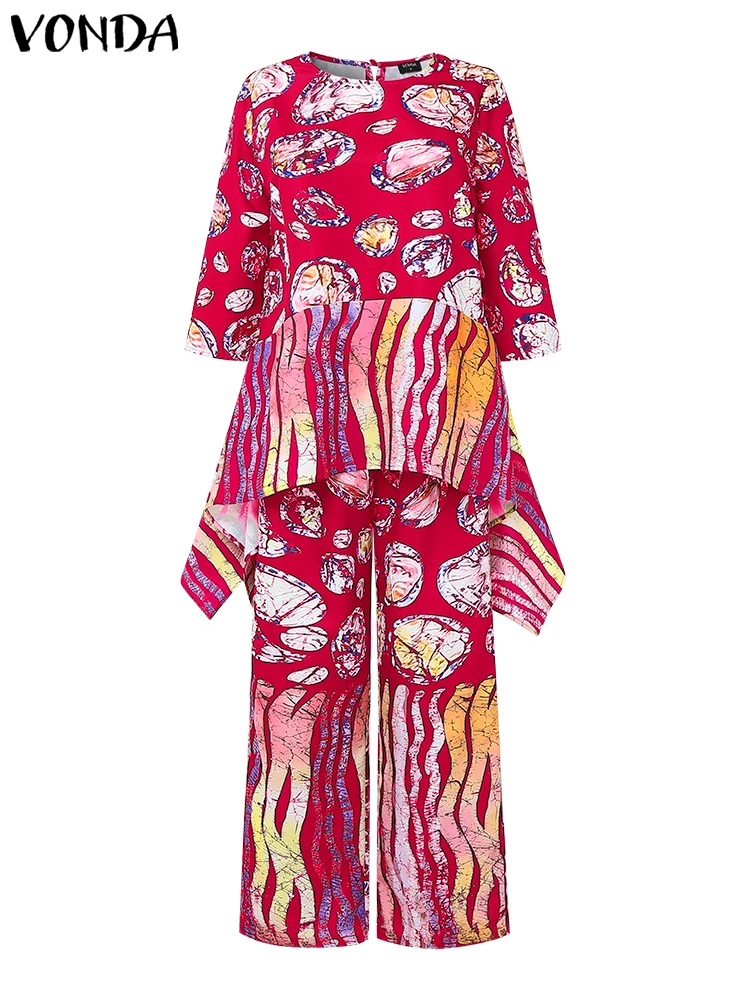 

Женские комплекты больших размеров, винтажные топы нестандартной формы, длинные брюки с принтом, элегантные костюмы 2025 VONDA, повседневные одинаковые комплекты, одежда из 2 предметов 5XL