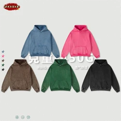 ZODF Retro Heavyweight Washed Fleece Hoodies For Men Unisex Loose Thick Warm 450gsm Hooded Sweatshirts Pullovers Sweaters HY0700