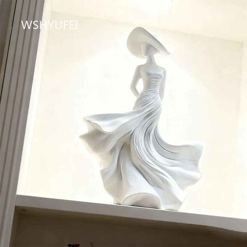 Resin Elegant Lady Statue Abstract Woman Sculpture With Wide Brim Hat Flowing Dress Figurine Home Decor For Desktop Display