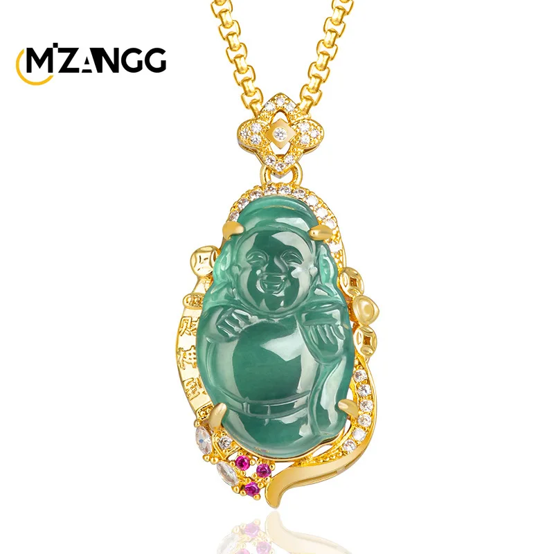 

Natural Jadeite Blue Water God of Wealth Gold-plated Pendant Fortune Lucky Fashion Jewelry Men's and Women's Holiday Gifts