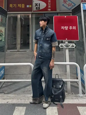 미국 레트로 워싱 패치워크 청바지 세트 (남성용) 여름 트렌디 루즈 캐주얼 숄더 패드 반팔 데님 팬츠