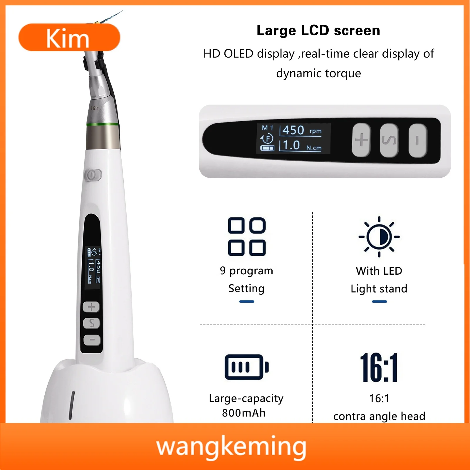 Kimso Wireless Cordless LED Endo Motor 16:1 Reciprocating Contra Angle Head LCD Screen Root Canal Treatment 9 Modes