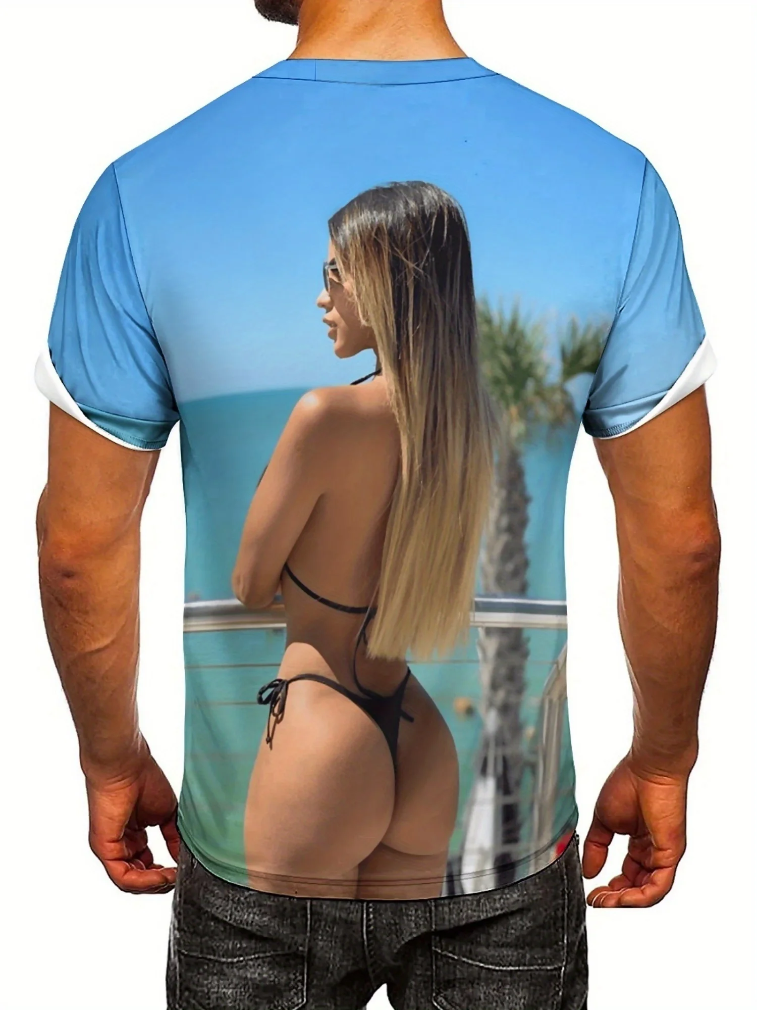 تي شيرت رجالي بأكمام قصيرة مطبوع ثلاثي الأبعاد - تصميم مثير لمشهد الشاطئ، أزرق فاتح، مقاس فضفاض، بوليستر مسامي