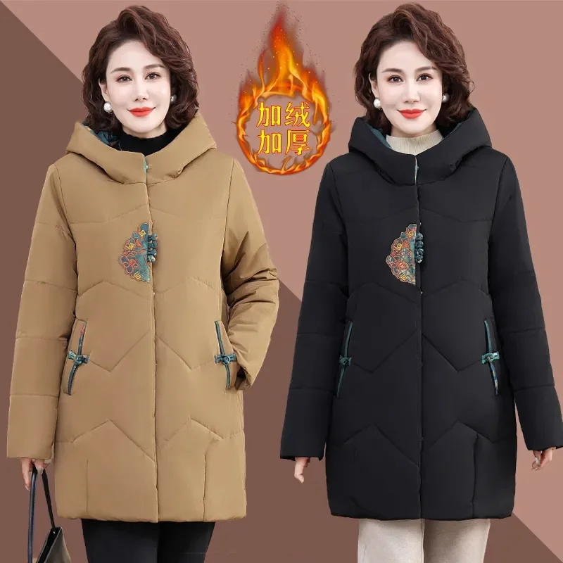 

New Embroidery Medium To Long Parka Women's Korean Winter Down Cotton Jacket Female Casual Thick Warm Parkas Overcoat Coat Lady