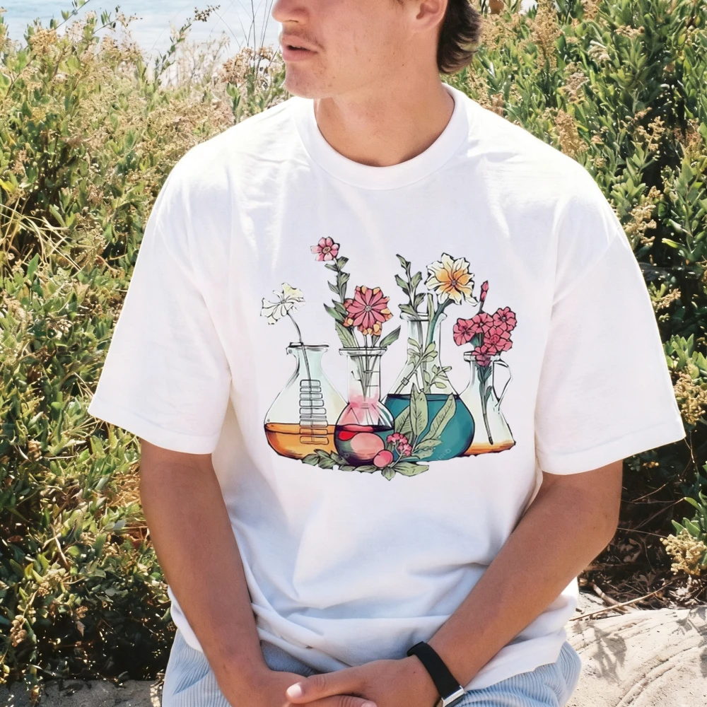 Floral Science Chemistry Scientist Laboratory Beakers Graphic Teacher Tshirt Casual Crewneck Short Sleeve Summer Cotton Tees