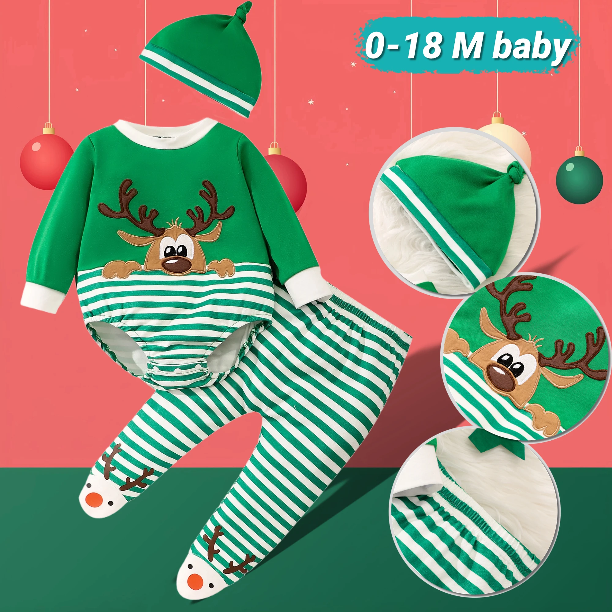 

Baby Christmas Clothes Set 3 Pcs Cartoon Deer Striped Romper+Tops+Trousers+Hat Cotton Babywear 0-18 Months