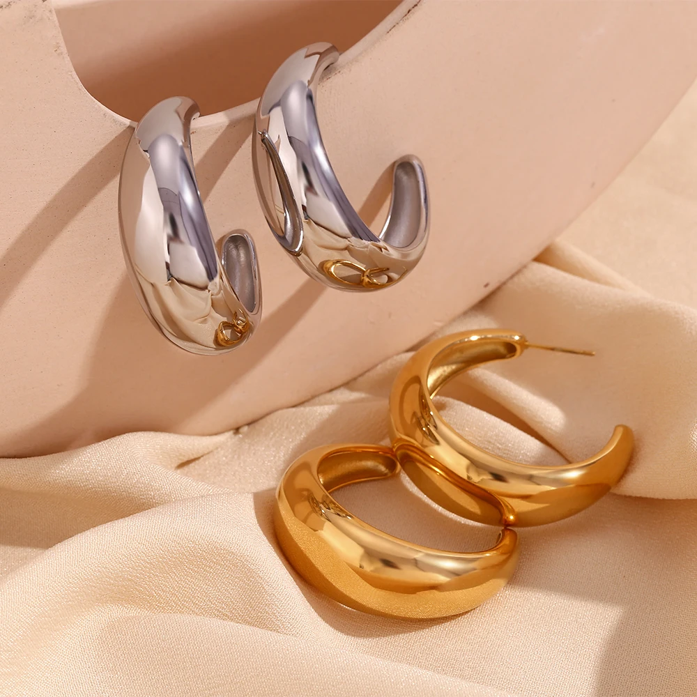 Smooth Crescent 42mm Large Hoop Earrings Silver Color 316L Stainless Steel Accessories 18K Gold Plated Women's Earrings