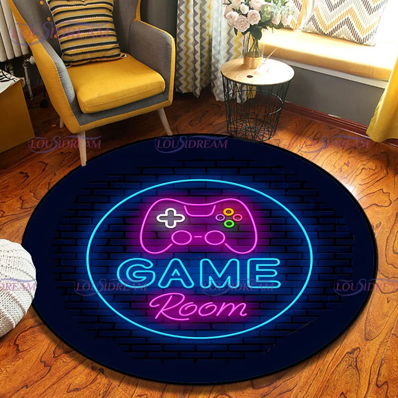 Video Game Gamepad Player Black Round Rug Gamer Circle Rug Round Game Room Rug for Game Room Playroom Theme Mat