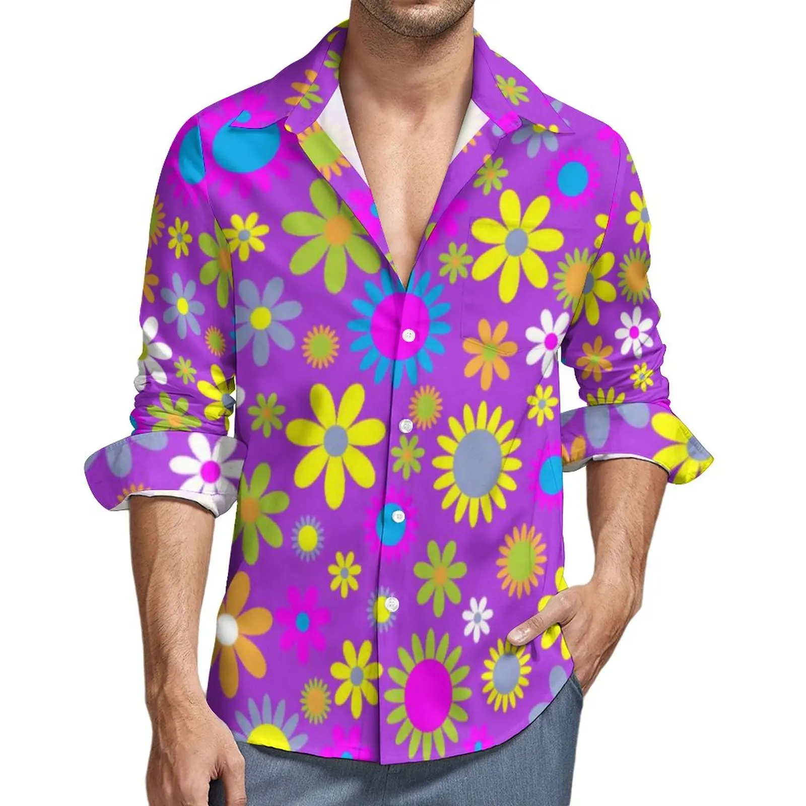 Rsychedelic Flower Power Shirt Men Retro 60s Print Casual Shirts Stylish Design Blouses Long Sleeve Novelty Oversized Clothes