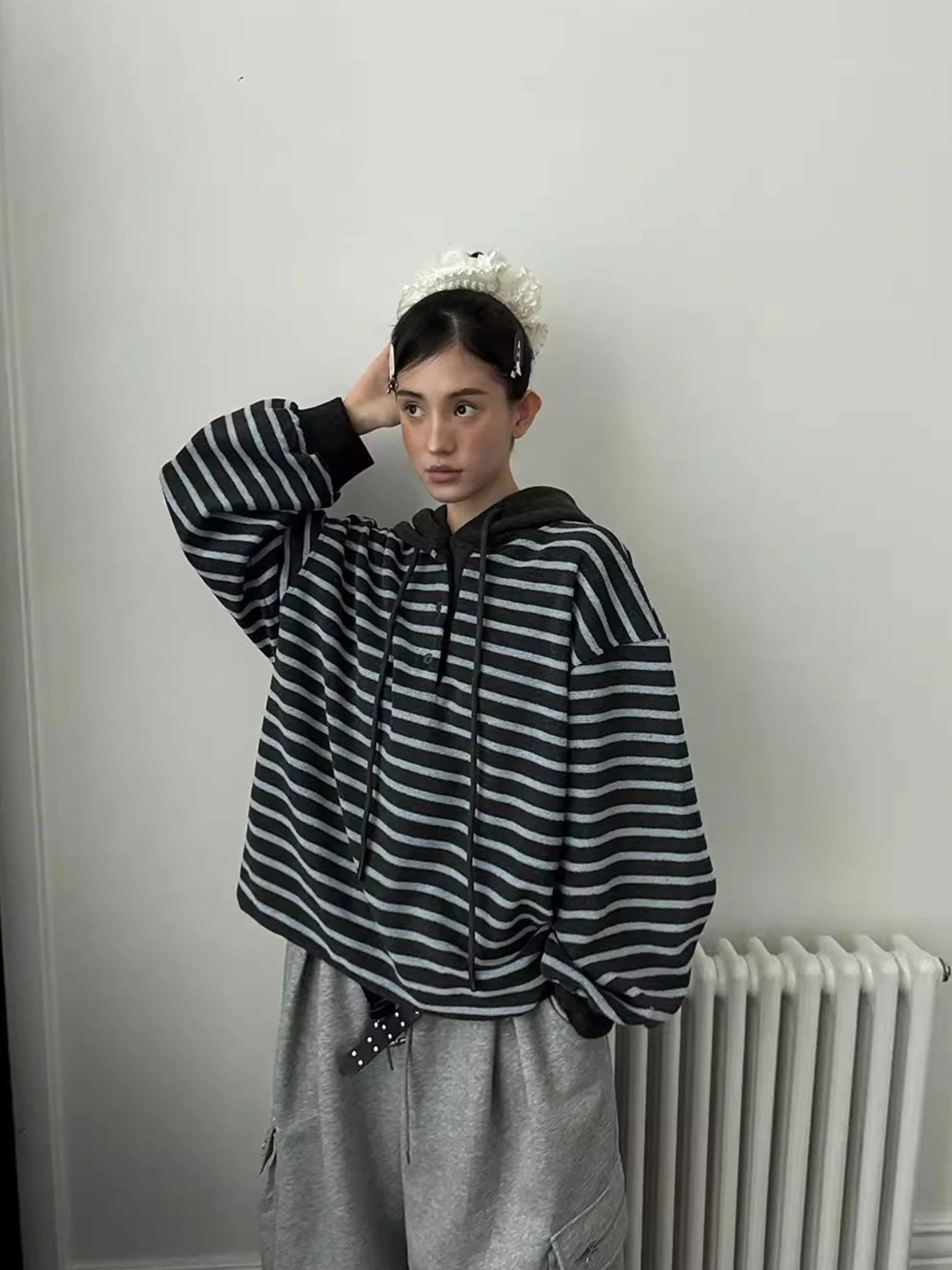 Laid-ba 슬레 컬러 블로 스트라이프 후디 여성용 루즈 따뜻한 면 재킷 끈 달린 겨울 신상 스트리트 패션