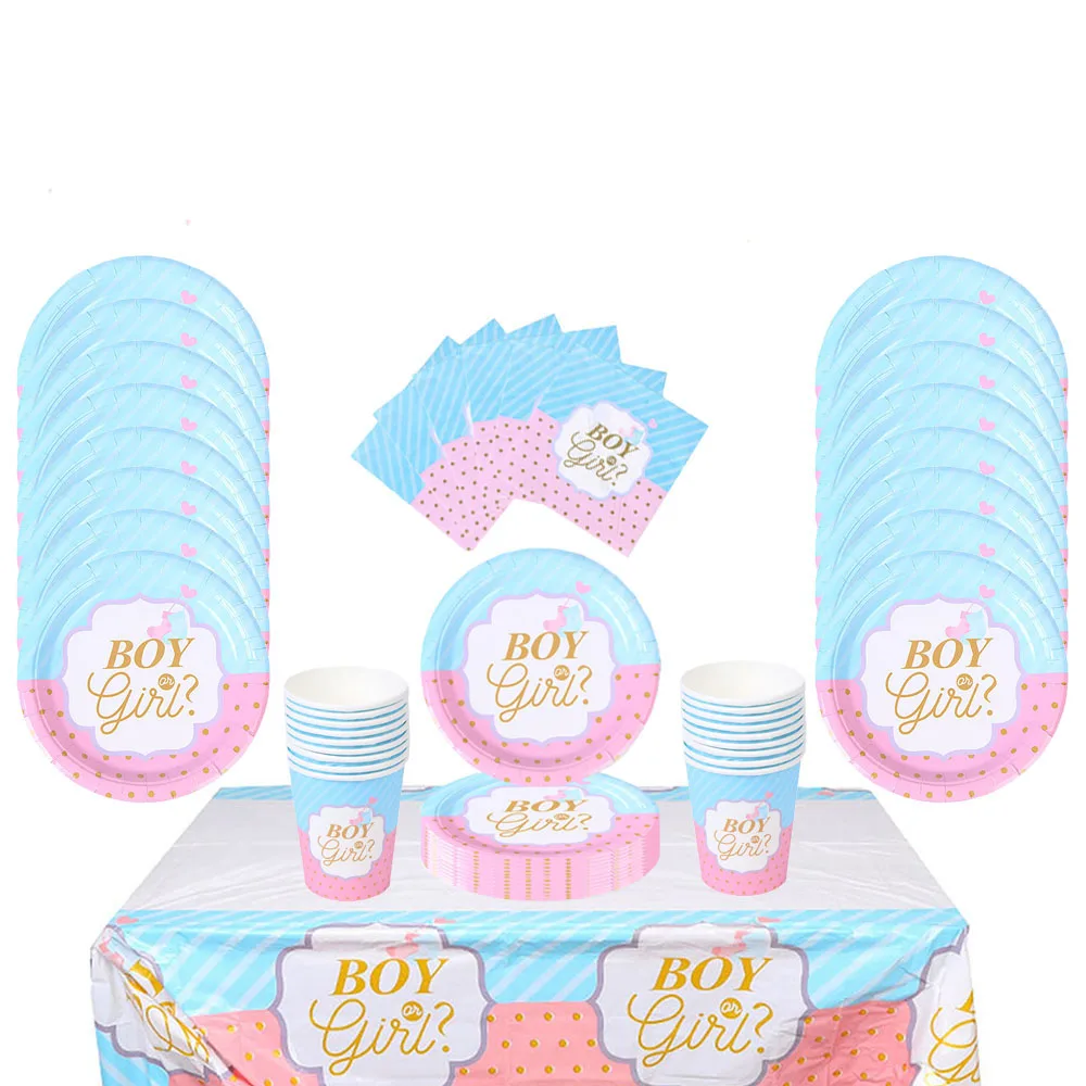 Set di stoviglie usa e getta per ragazzo o ragazza piatto di carta tazza rosa blu Gender Reveal Baby Shower decorazioni per feste Banner tovaglioli