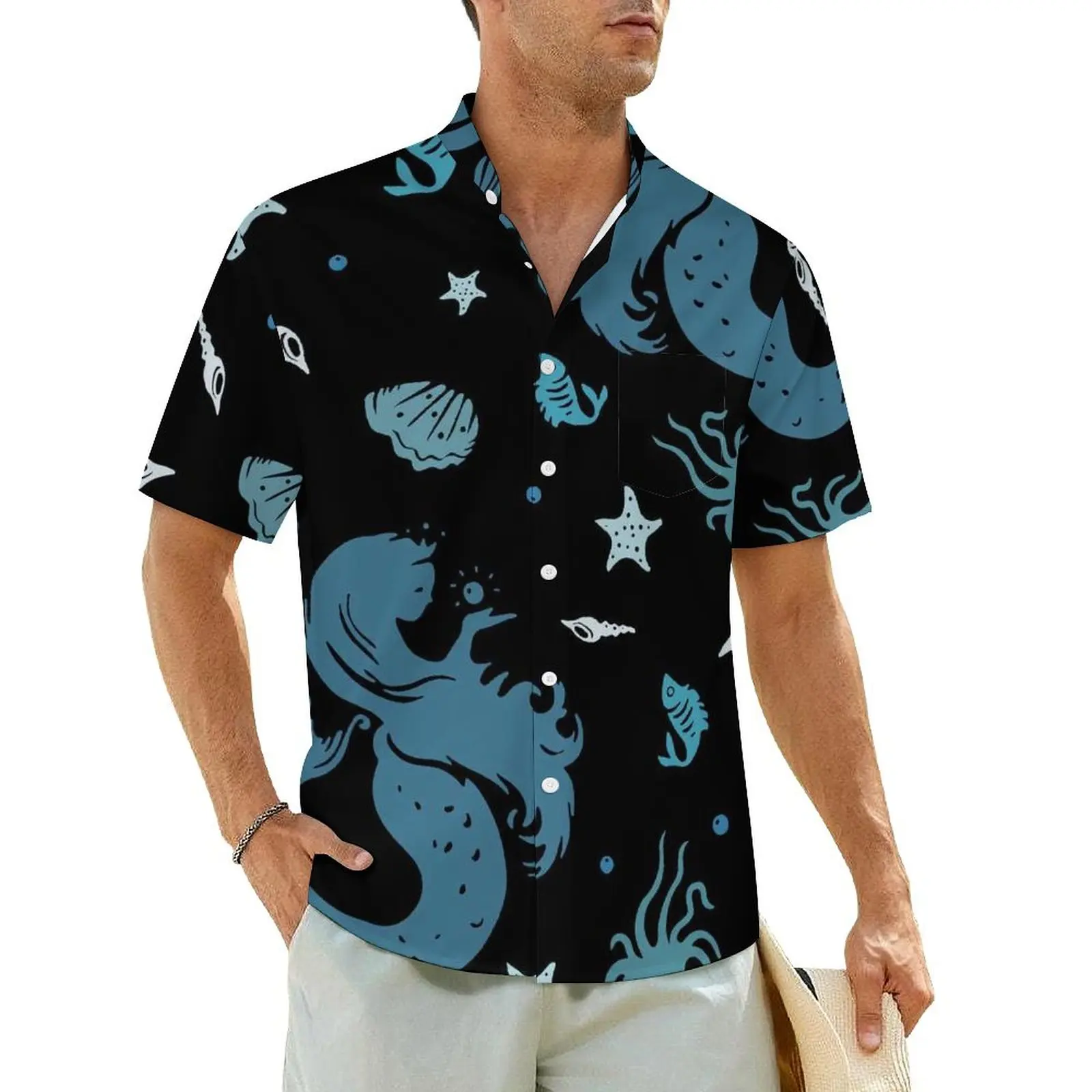 

Hawaiian Shirt Vacation Mermaid Silhouette Blouses Starfish Octopus Fish Marine Life Casual Shirts Man Short Sleeve Stylish Tops