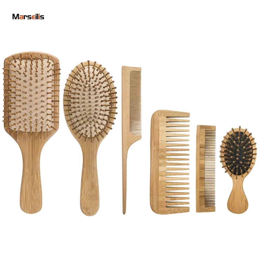 

Marseilis 6 шт. набор для парикмахерской, щетина, крысиной хвост, расческа с широкими зубьями, щетка на воздушной подушке, массажная весло, распутыватель, деревянная щетка для волос ﻿