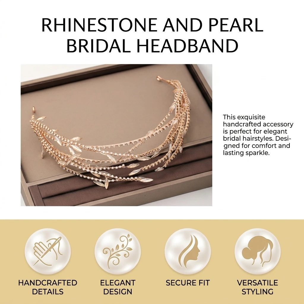 Bridal Headpiece Comfort Fit Hairband for Wedding Ceremony Rose Gold Wheat Ear Pearl Rhinestone Hair Accessory Elegant Gift