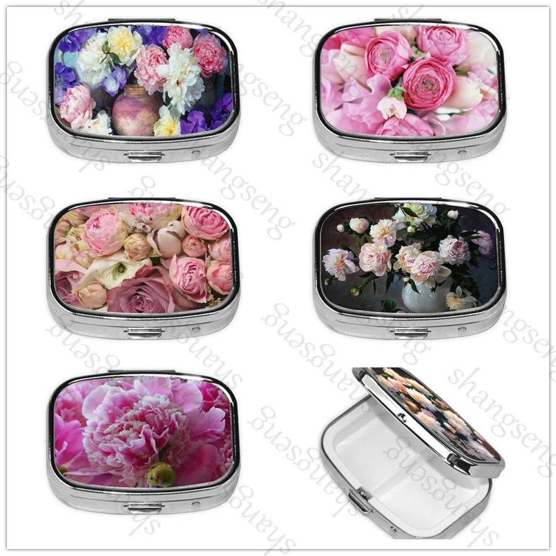 

Pill Box Pocket or Wallet Decorated with Metal Medication Vitamins Travel peony Pink Flowers
