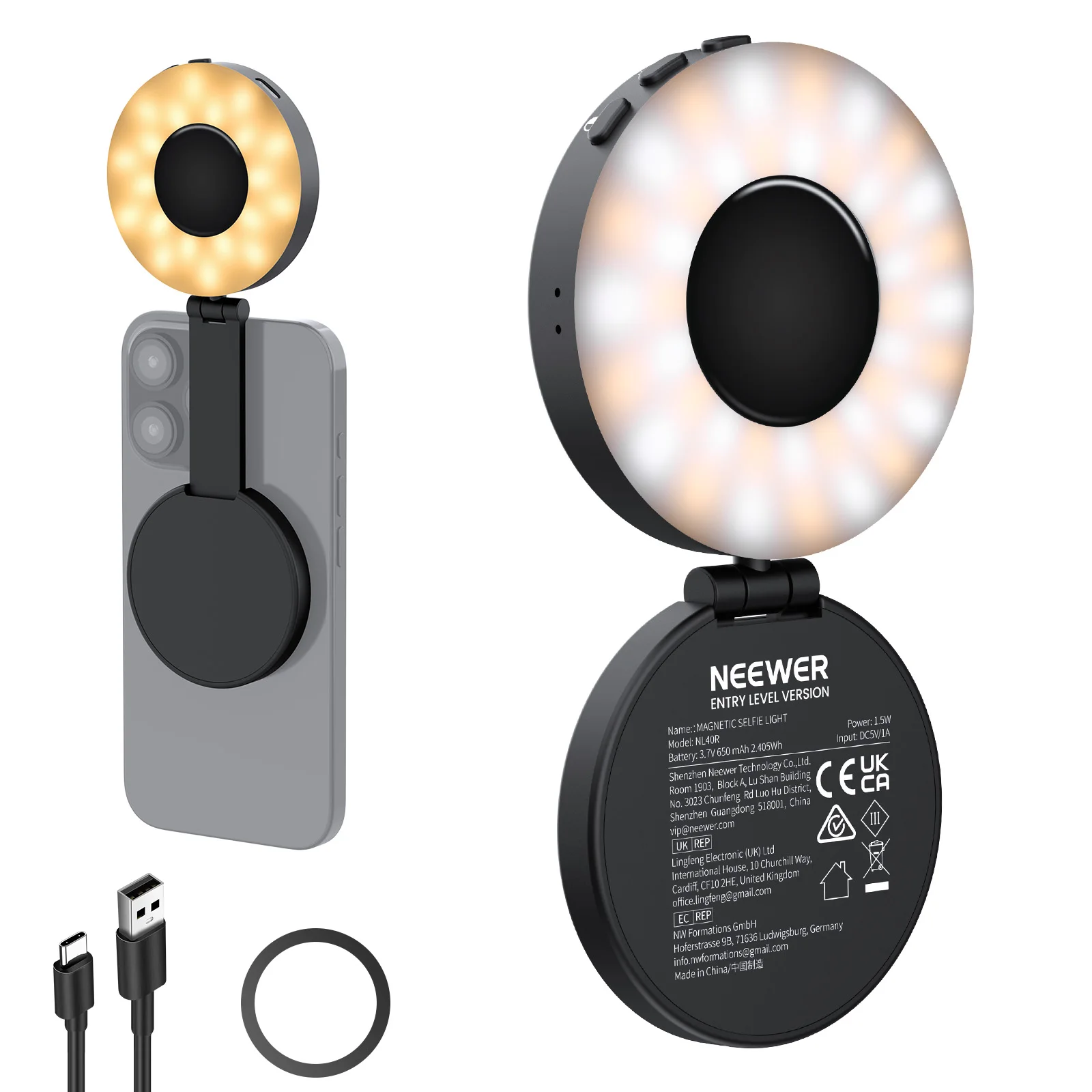NEEWER Magnetyczna lampka selfie kompatybilna z MagSafe iPhone, 4 tryby CRI95+ 1.5W Plastikowa składana LEDowa lampka do telefonu w kształcie pierścienia — zdjęcie produktu 7