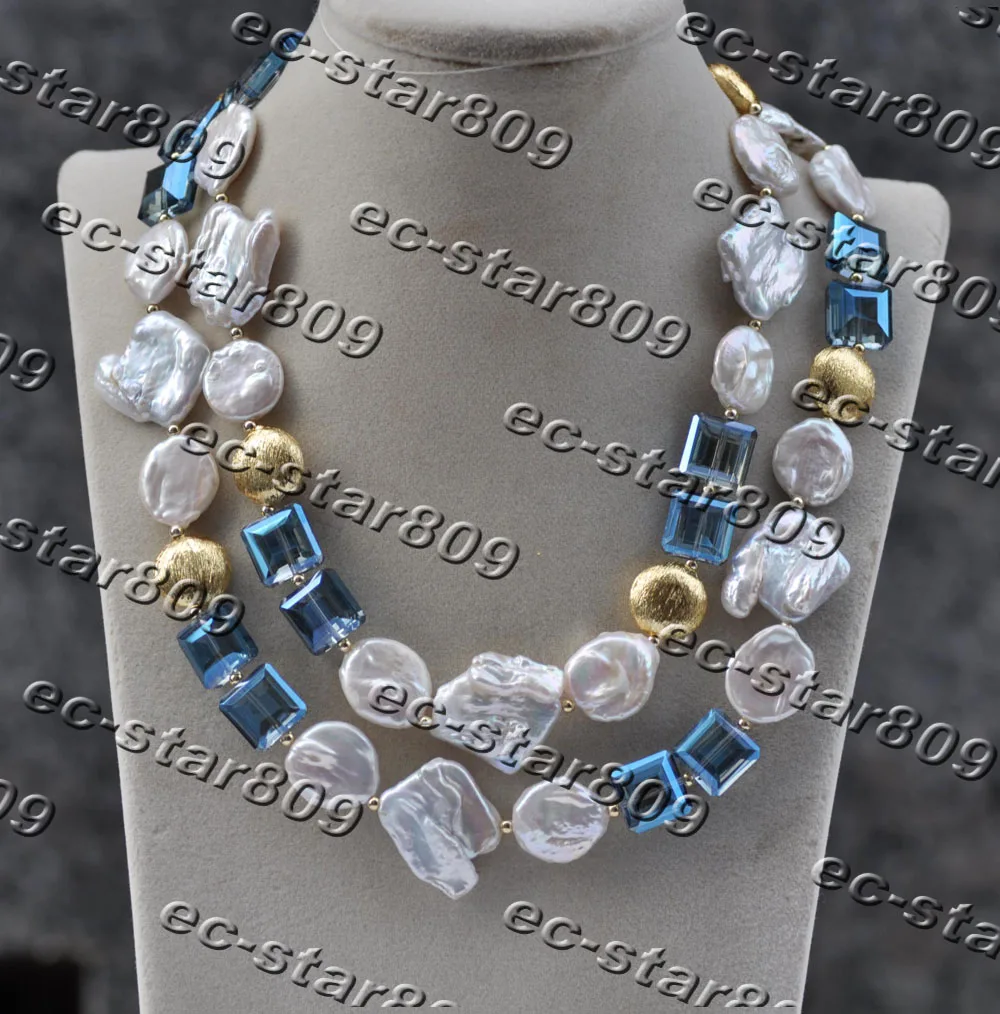 

Z11529 37" 26mm White Baroque Coin Pearl Crystal Gilded Necklace