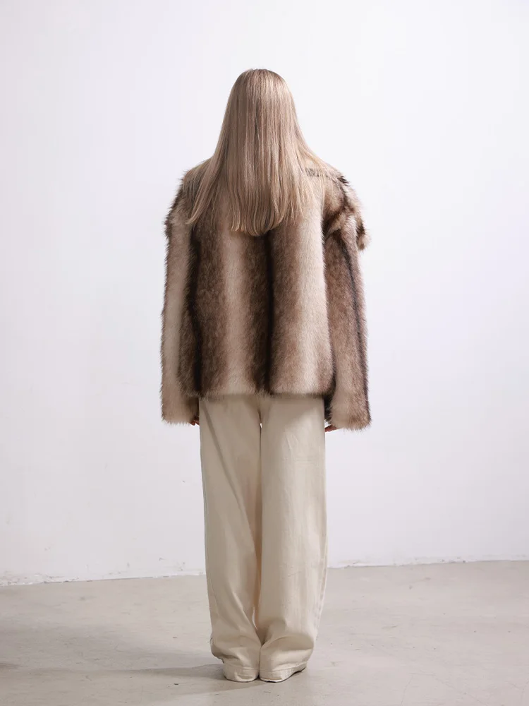 Otoño Invierno nuevo abrigo de piel de viento de Granero Sle joven suelto cuello azul marino mujer Faion cálido Thiened poliéster largo S...