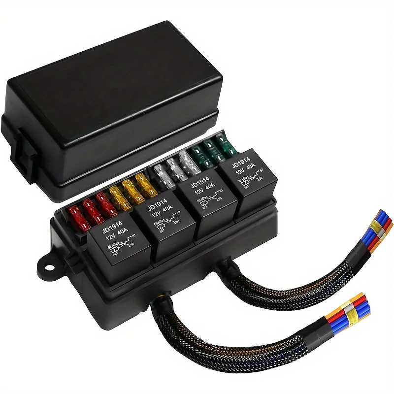 

Блок предохранителей 12 В, предварительно проводной блок предохранителей и реле с 4 реле, 12-контактные предохранители ATC/ATO, герметичный блок предохранителей реле 12 В для автомобиля