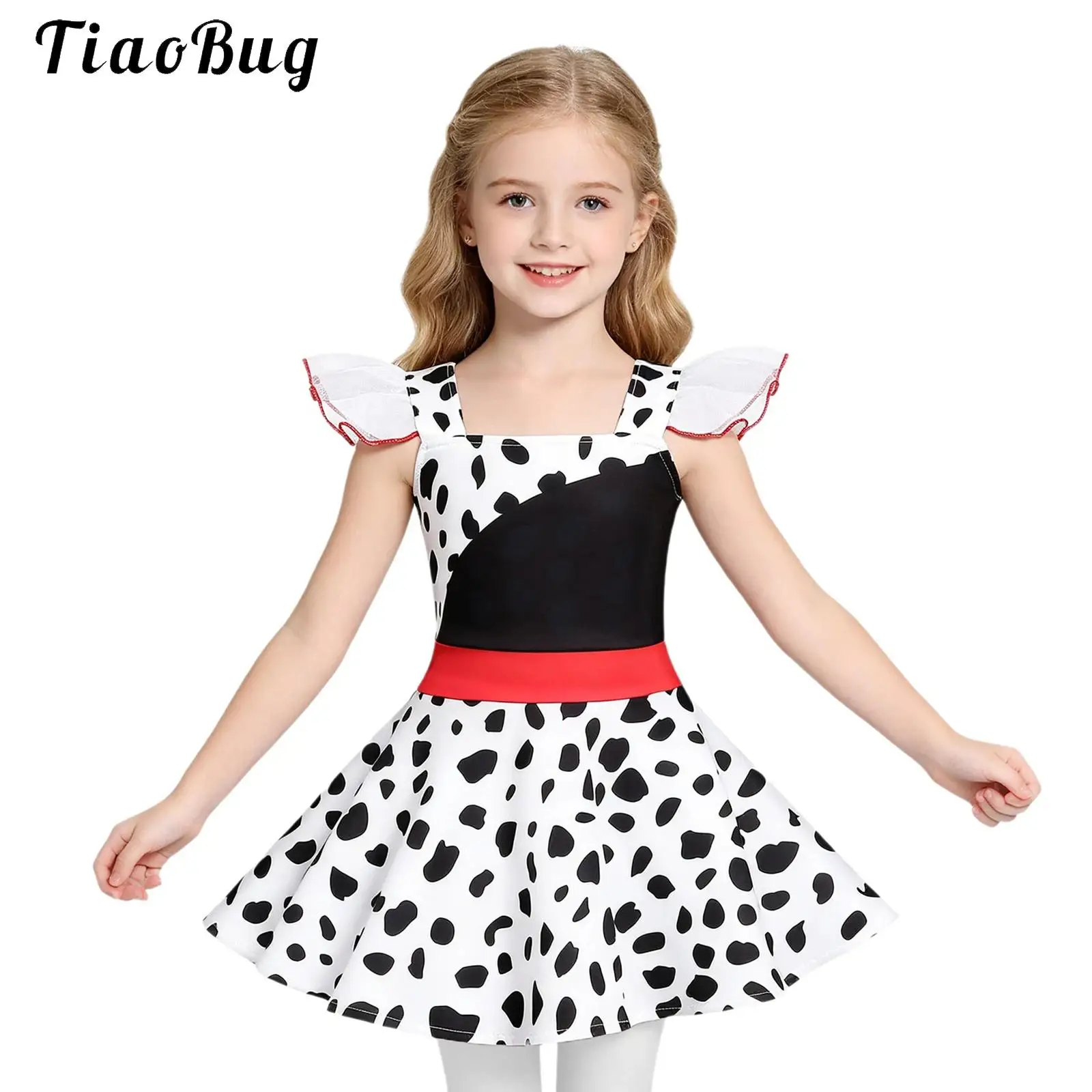 Toddler Girls Dalmatian Print Dress Costume Fancy Movie Character Princess Dress Up Black Spotted Print Ruffle Sleeve Tutu Dress