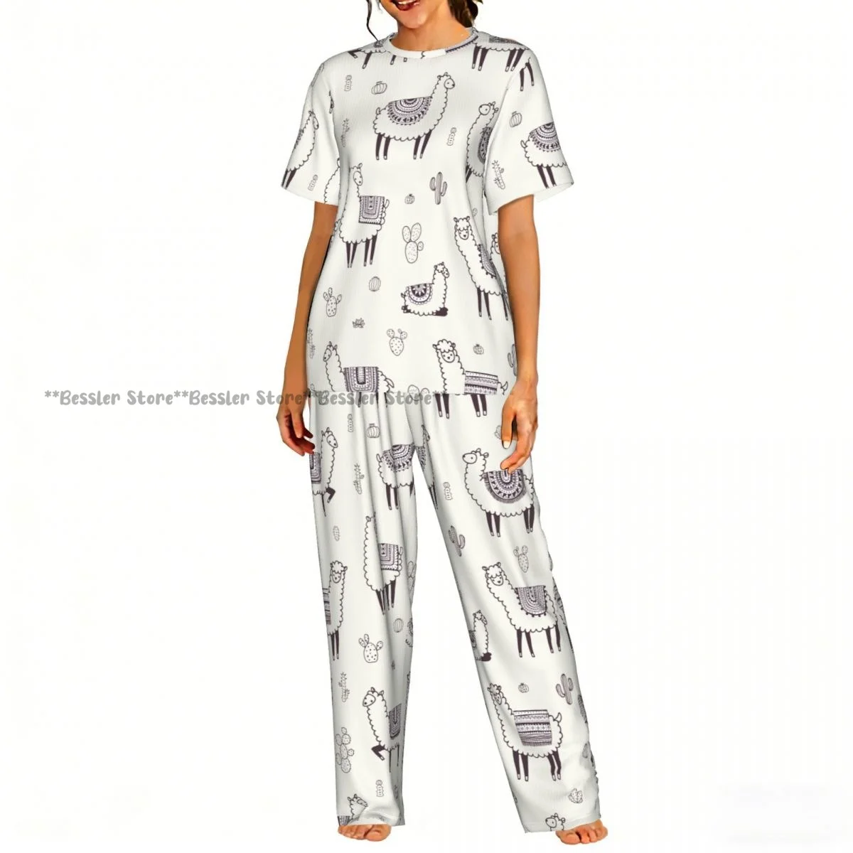 

Женский комплект из 2 предметов: пижама с рисунком ламы и кактуса, топ с короткими рукавами и брюки, одежда для сна