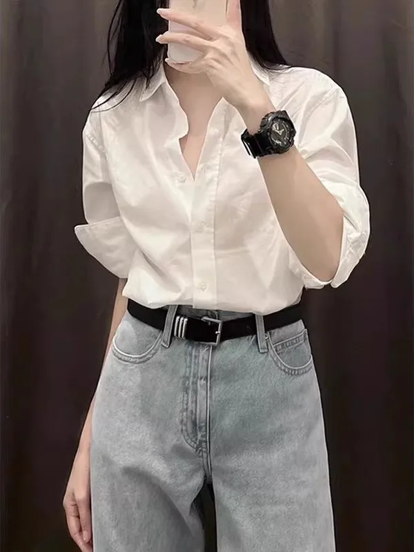 

White Long Sve irt Women's Spring Autumn Loose Slimming Busin Commute Versatile Top French Sle Casual Pure Color