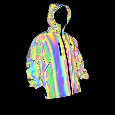 Men's 2026 Reflective Holographic Windbreaker Jacket Rainbow Iridescent Spring/Fall Coat Colorful Outdoor Wear Laser Design