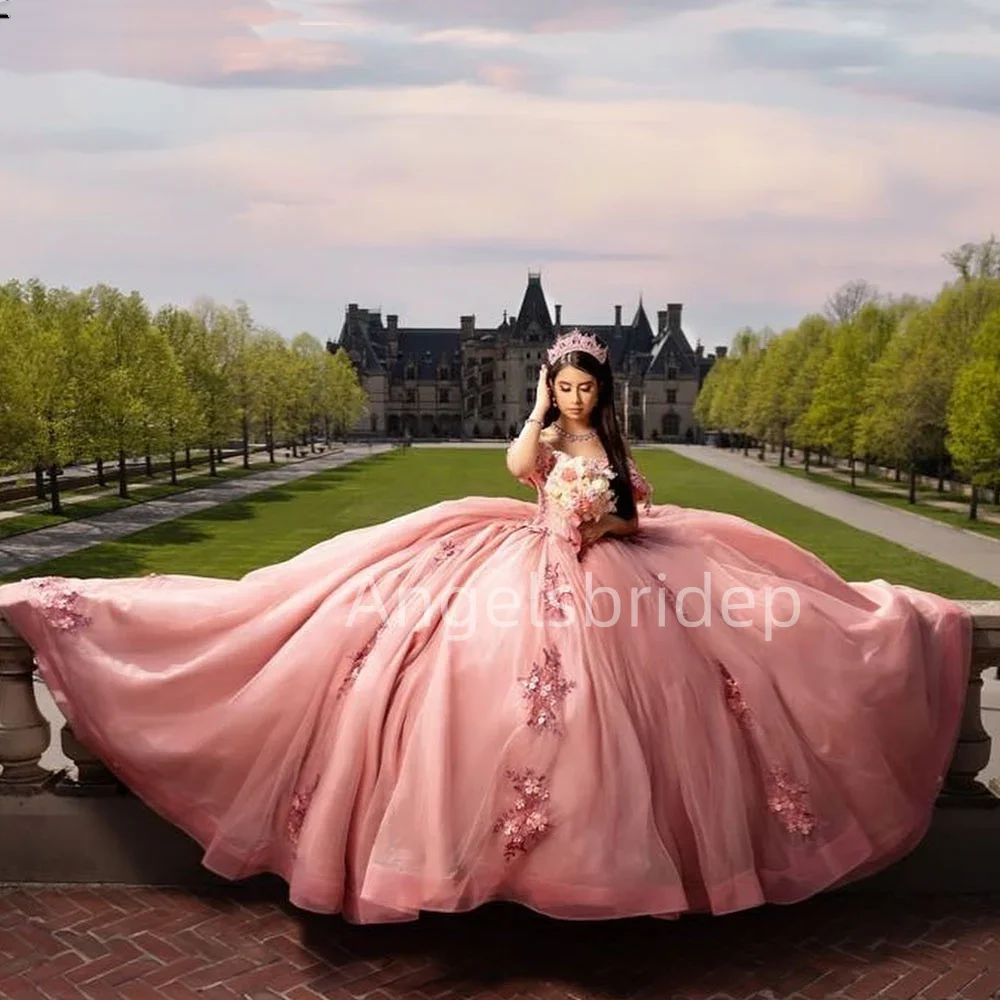 Angelsbridep-Vestidos Quinceanera Rosa com Apliques Amorosos, Doce 16 Vestido de Festa, 15 Anos, Alta Qualidade, 2020