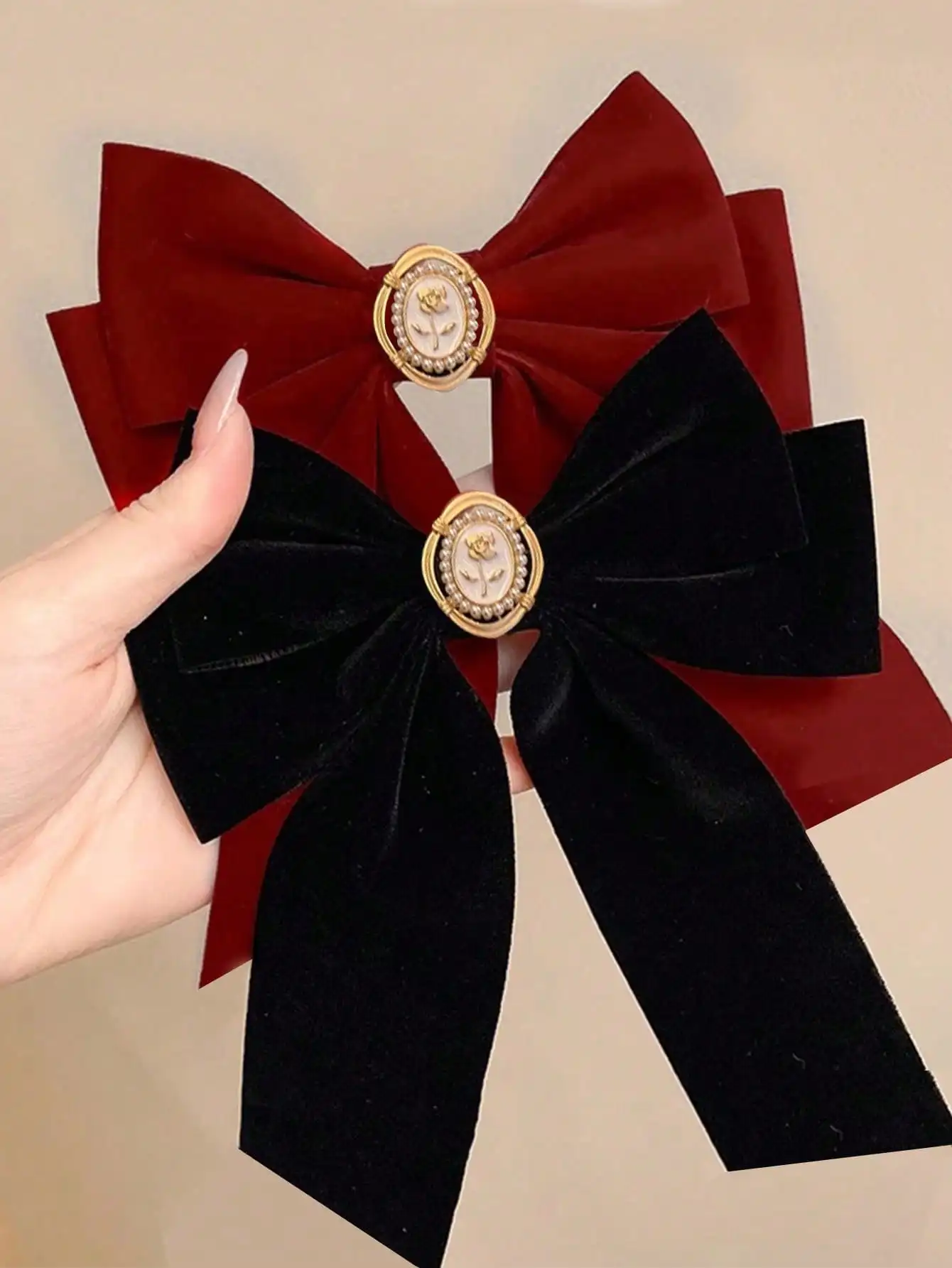 1/2Pcs Fashion Pink Velvet Ribbon Bow Tassel Pearl Flower Hair Clips Barrettes For Women Girls Party Ponytail Hair Accessories