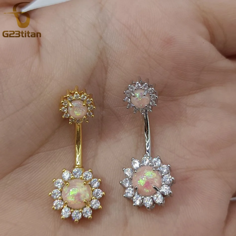 G23titan Pink Opal Crystal Sun Flower Belly Button Ring 14G Medical Titanium Bar Women Nombril Navel Piercing Ombligo Jewelry