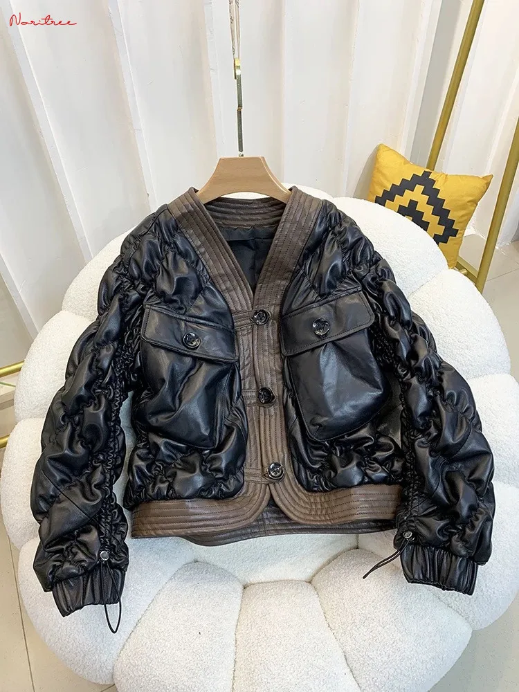 

Soft Real Leather Jacekts Cotton coats Natural Sheep Leather outerwear Female Fashion Bubbles Design Real Leather Jackets wy2080