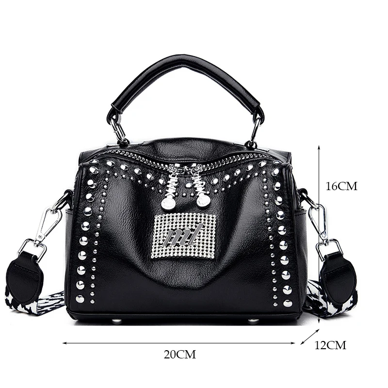 Fashion Rivet Small Handbag Wide Shoulder Strap Shoulder Bags for Women Brand Leather Crossbody Bag Cute Purses and Handbags