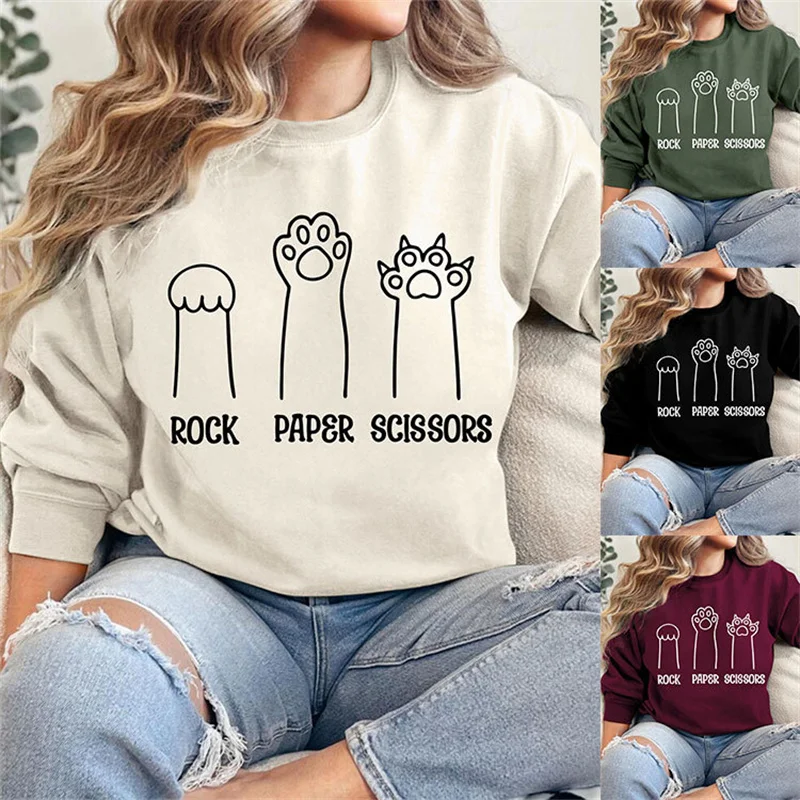 Winter new cotton women's rock paper scissors letter printed casual vintage long sleeve casual round neck fleece hoodie