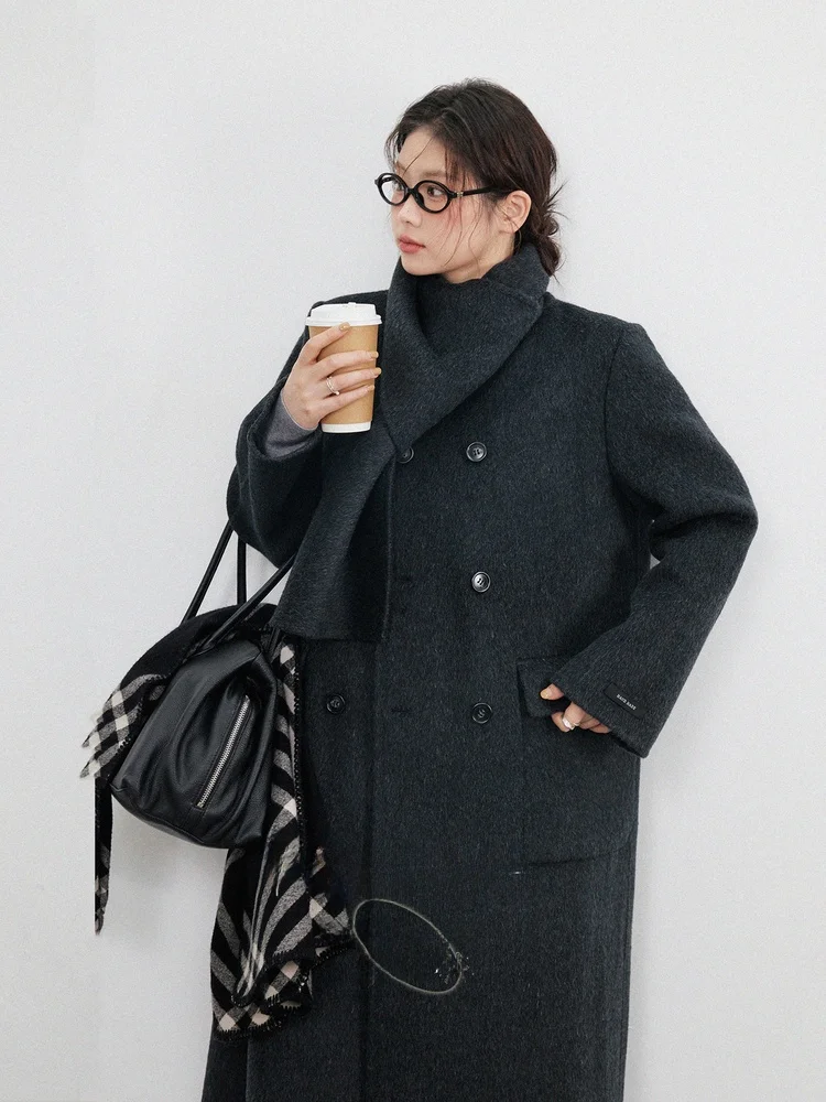 

Женское двубортное шерстяное пальто Monika большого размера, осенне-зимняя верхняя одежда для повседневной носки, корейский стиль, свободный крой, с завышенной талией