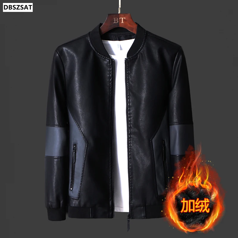 M-5xl Mens Faux Pu Leather Jacket Winter Male Coat Turn-down Collar Zipper Solid Color Fluff Warm Outerwear Clothes Hy85