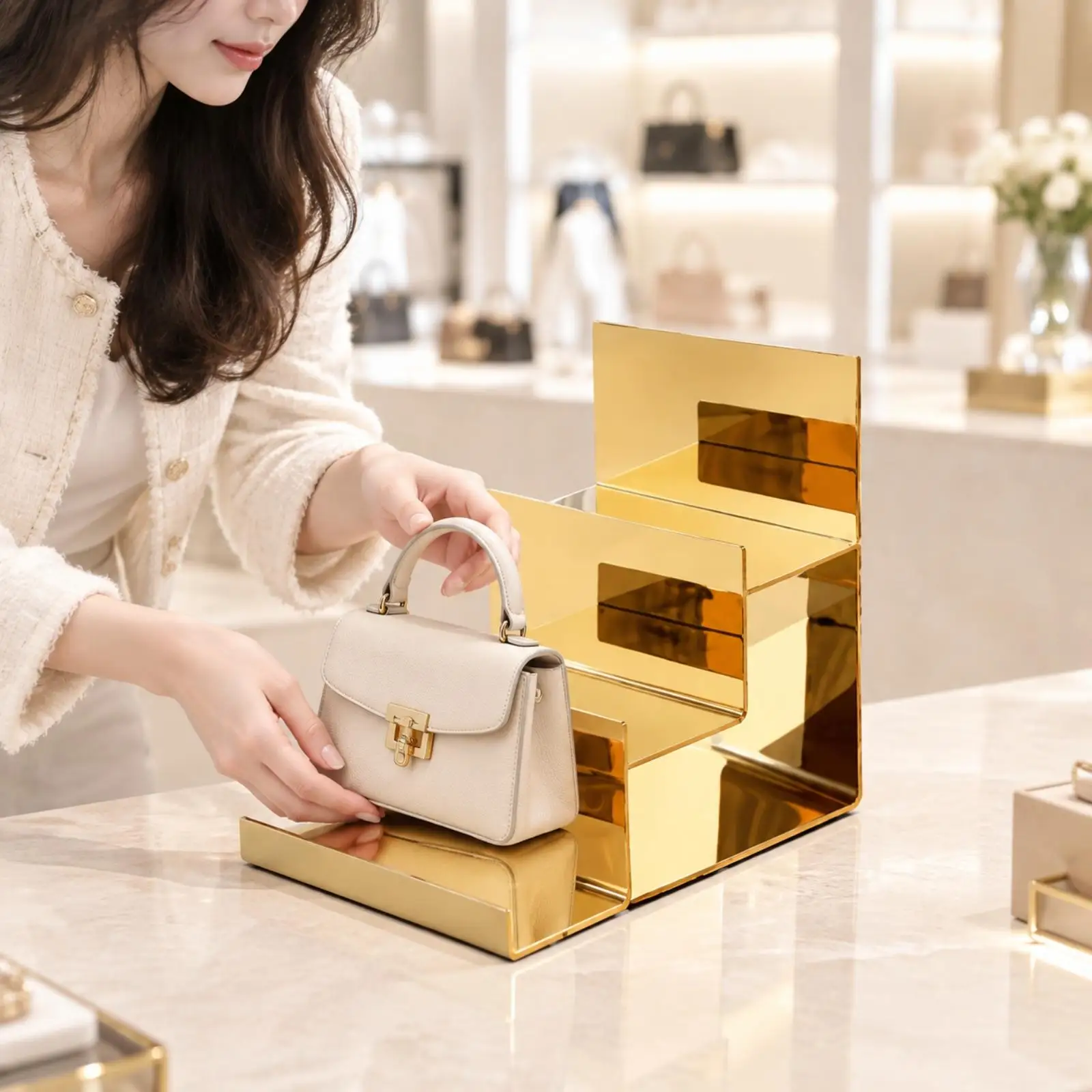 Bag Holder Tiered Stepped Handbag Display Rack Three-Level Accessory Display Rack Polished for Boutique Owners