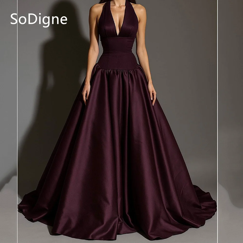 

SoDigne Elegant Satin Evening Dresses V-Neck Sleeveless Blackless A-Line Party Dress Formal Occasion Prom Gowns Customized
