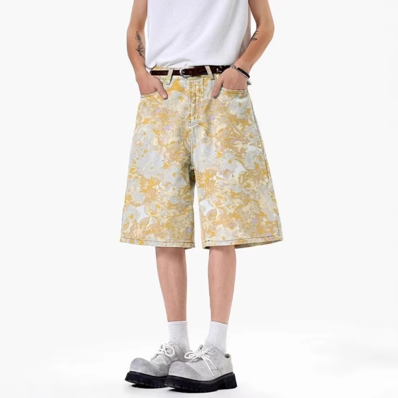 กางเกงขาสั้นลายดอกไม้อเนกประสงค์ริมทะเลฮาราจูกุศิลปะญี่ปุ่นแฟชั่นผู้ชายและผู้หญิงกางเกงยีนส์ห้าส่วนกางเกงเรียบง่าย