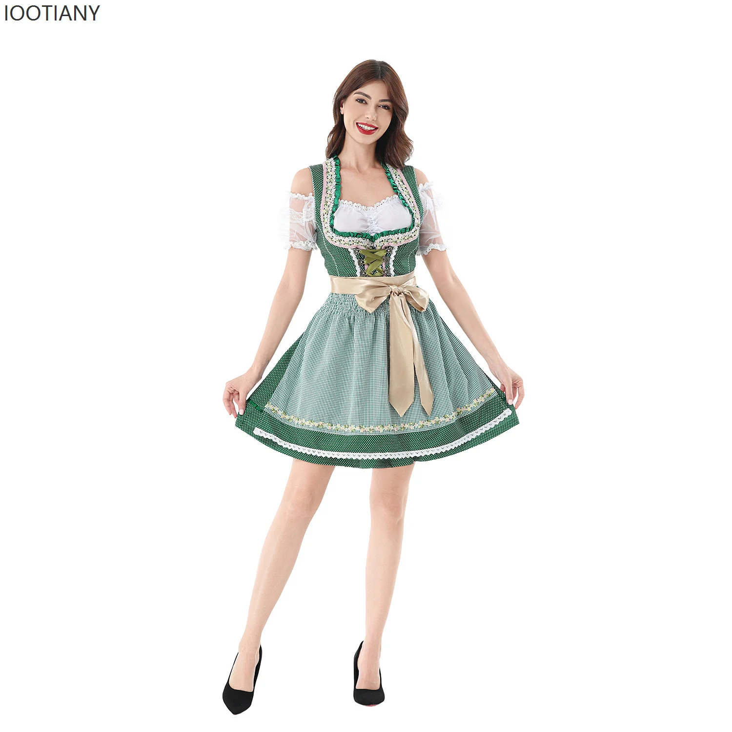 

IOOTIANY Traditional German Oktoberfest Women's Bavarian Victorian Plaid Print Dress Carnival Party Dance Performance Costume