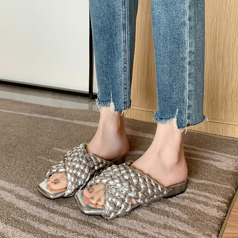 JOZHAMTA Size 33-40 Flats Slippers Women Woven Low Heels Summer Shoes Woman 2023 Fashion Sandals Indoor House Slides Outdoor